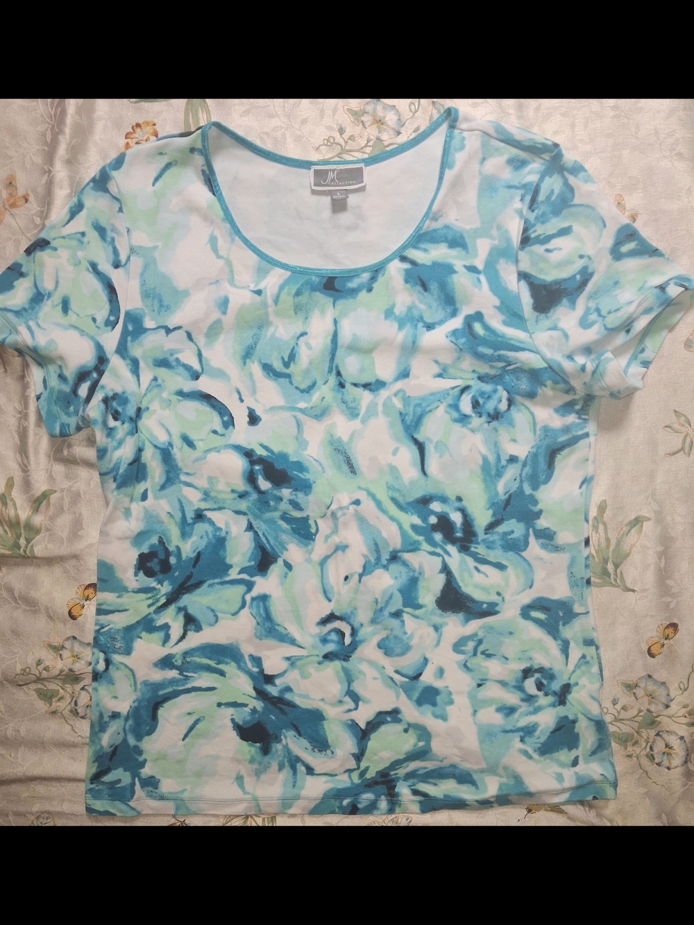 JM Collection Aqua and Teal Floral Short Sleeve Tee